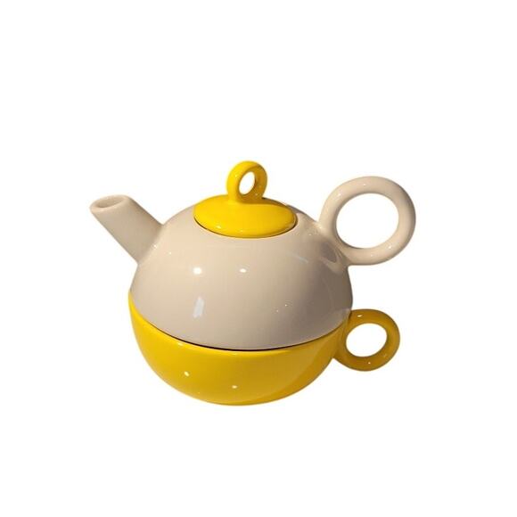 Tea for One Tea Pot with Cup Set Stackable Yellow and Gray Retro Colorful - Picture 1 of 10